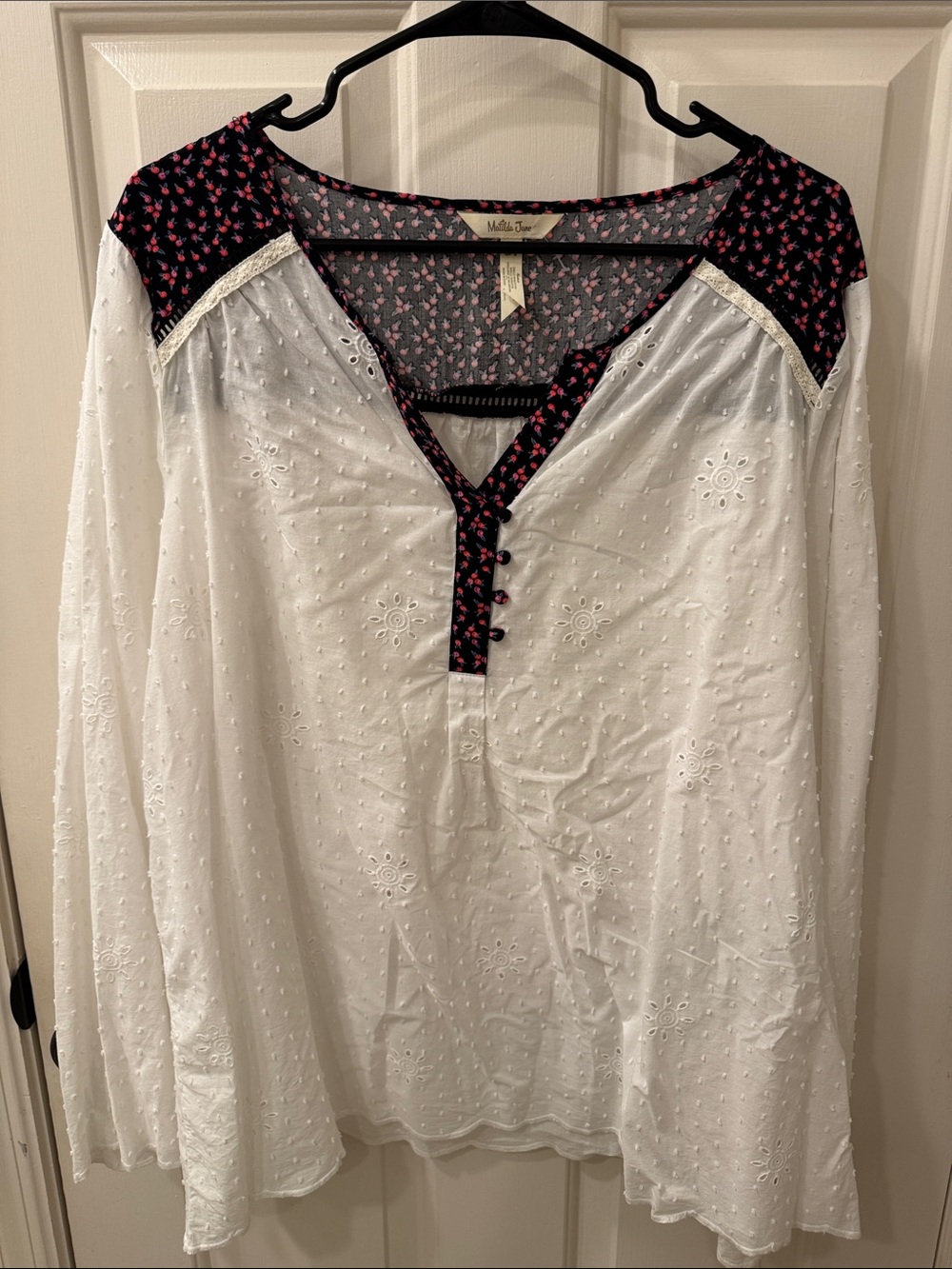 Matilda Jane White Eyelet Blouse with Black and Pink Floral Trim